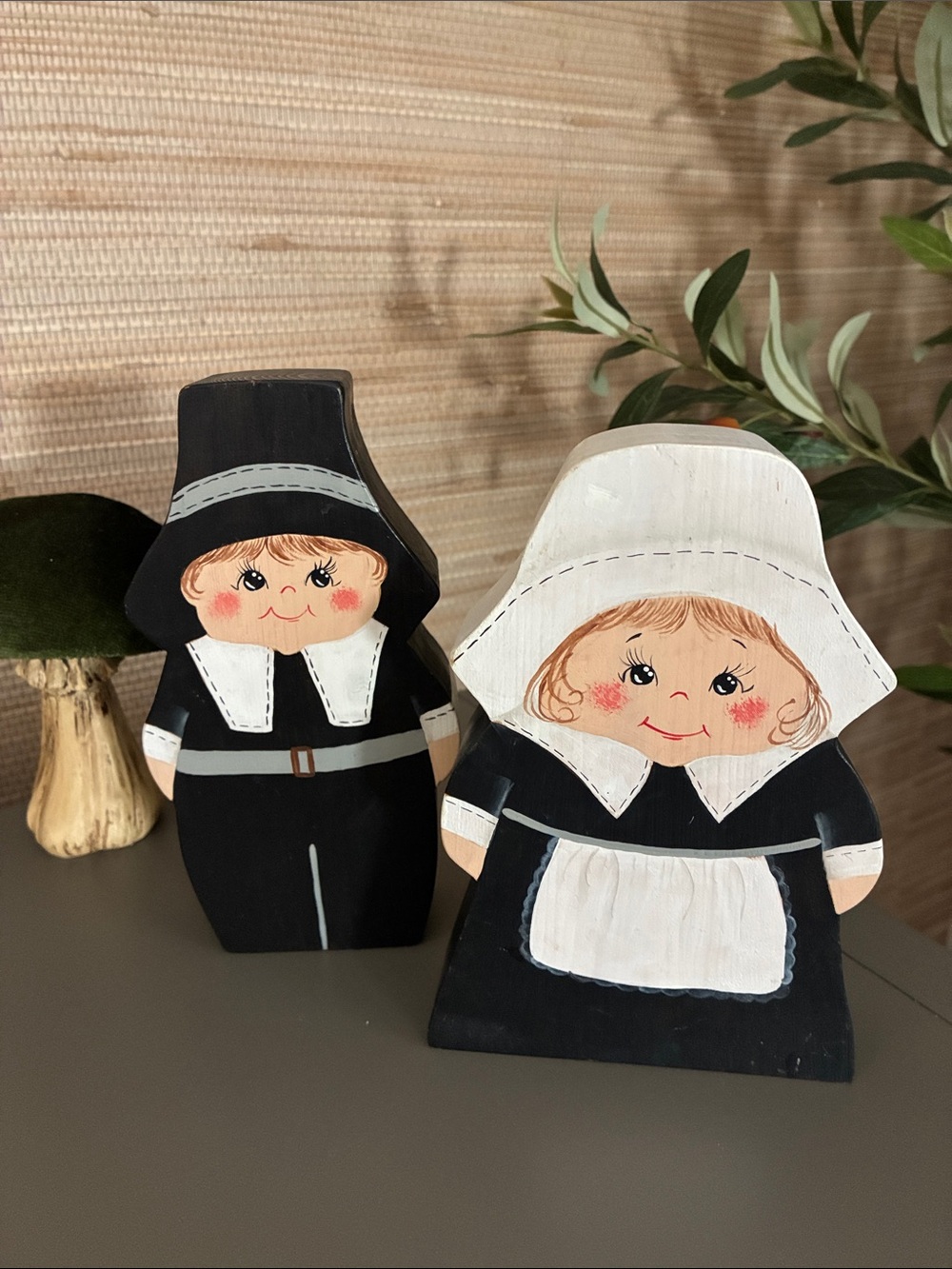 Wooden Pilgram Couple Handmade Hand painted Figures